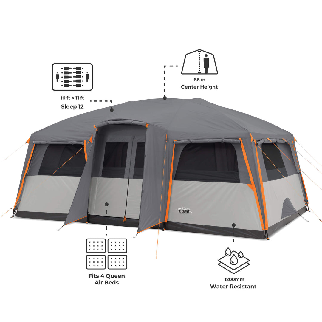 core equipment 12 person tent Straight Wall Cabin with Full Rainfly – Canada Color:Type 1（Helle Weiß） eating dinner or playing CAMPING Magazin - Unterwegs Schnittkäse