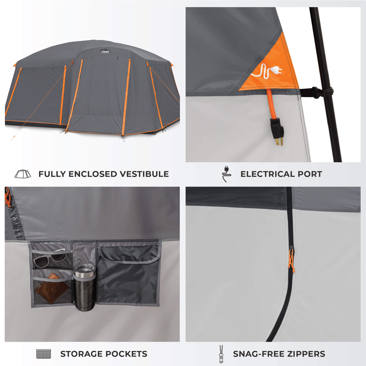 Details of CORE 10 person cabin tent with full rainfly with fully enclosed vestibule, storage pockets, snag-free zippers, and electrical port.