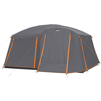 CORE 10 person straight wall cabin tent with full rainfly, tall center height, and spacious design for family camping.