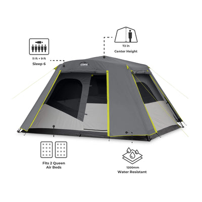 Dimensions of CORE 6 person instant cabin tent with full rainfly shown with 72 in center height, 11 x 9 ft floor, and space for 2 queen air beds.