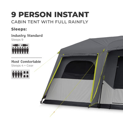 CORE 9 person instant cabin tent capacity graphic showing industry standard sleeps 9 and most comfortable fit for 4 plus gear.