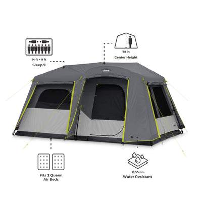Dimensions of CORE 9 person instant cabin tent with full rainfly shown with 78 in center height, 14 x 9 ft floor, and space for 2 queen air beds.