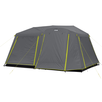 CORE 9 person instant cabin tent with full coverage rainfly, pre-attached poles, and durable design for quick outdoor setup.